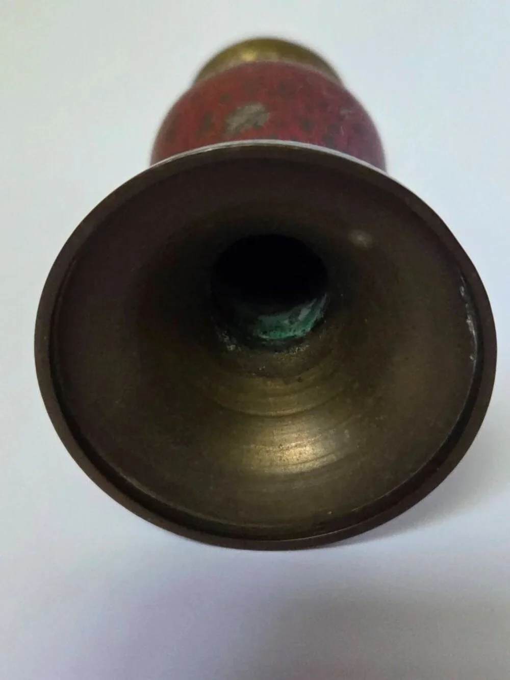Vintage Enameled Brass Peacock Vase Made in India Hand Etched Red Pedestal Bud